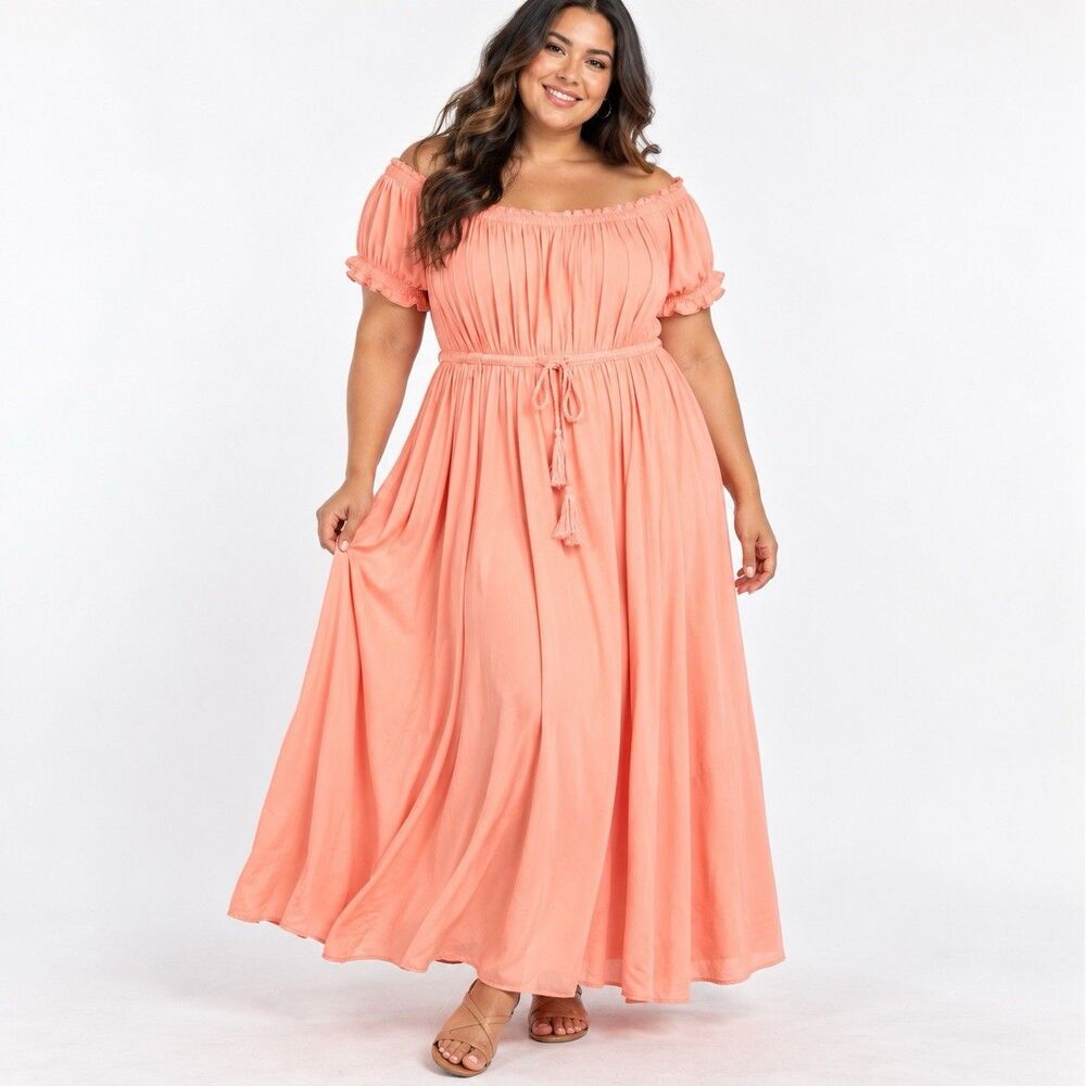 Torrid Coral Pink Off Shoulder Maxi Dress Size 0 Boho Cottagecore Ruffle
